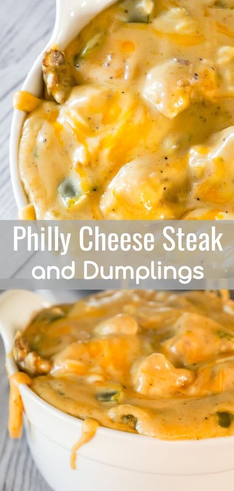 Philly Cheese Steak and Dumplings is an easy dinner recipe that is a fun twist on the classic chicken and dumplings. This thick and creamy dish is loaded with steak strips, green peppers, onions and cheese with Pillsbury biscuit dumplings. Steak And Dumplings, Steak Dumplings, Biscuit Dumplings, Steak Strips, Cheesesteak Recipe, Healty Dinner, Cheese Steak, Philly Cheese, Easy Dinner Recipe