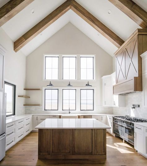 Beams In Kitchen, Vaulted Ceiling Kitchen, Exclusive House Plan, Ceiling Kitchen, Modern Farmhouse Kitchen, Timeless Kitchen, Modern Farmhouse Plans, Modern Farmhouse Kitchens, Wood Beams