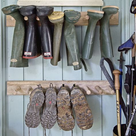 Farm Utility Room, Wall Mount Boot Rack, Wet Boot Storage, British Boot Room, Utility And Boot Room Ideas, Small Boot Room Ideas, Boot Rack Ideas, Tall Boot Storage, Welly Rack