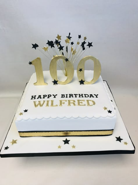 Simple square shaped 100th birthday cake in black & gold colour theme 100th Birthday Cake Ideas, 100th Birthday Cake, Square Birthday Cake, Fresh Fruit Cake, 100th Birthday Party, 80 Birthday Cake, Dad Birthday Cakes, Silver Theme, 100th Birthday