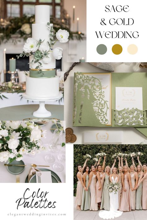 Sage Green Gold Champagne Sage and Gold Wedding Color Schemes Bridemaids Dress Bridal Party Table Setting Invitation Centerpieces Bouquet Wedding Cake 2023 Wedding Color Palette, Gold Wedding Color Schemes, Sage Gold Wedding, Champagne Wedding Colors Scheme, Sage And Gold Wedding, Color Palette With Gold, Champagne Wedding Themes, Sage Wedding Colors, Champagne Gold Wedding