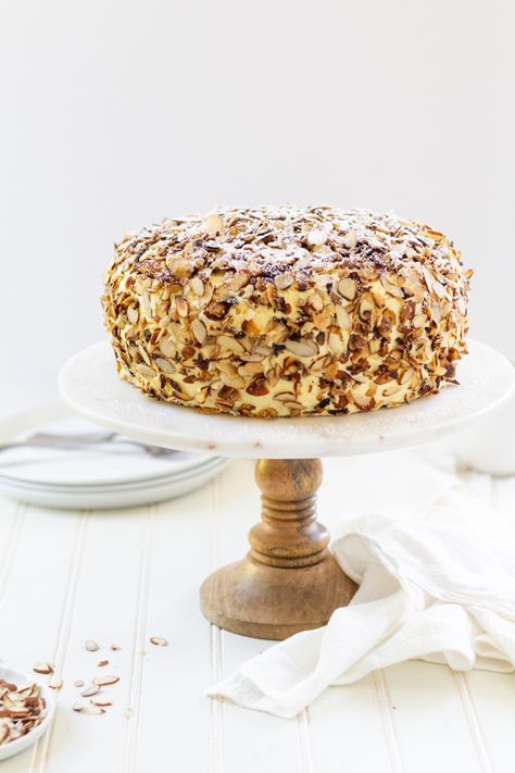 Toasted Almond Cake - Island Bakes Toasted Almond Cake Recipe, Toasted Almond Cake, Burnt Almond Torte, Cake In Air Fryer, Almond Torte, Almond Flour Cake, Almond Frosting, Almond Flour Cakes, Almond Pastry