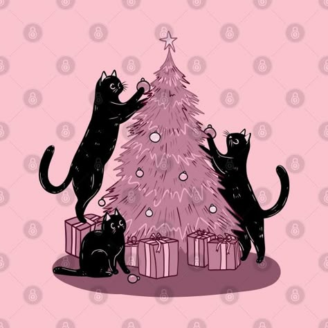 Check out this awesome 'Cats Decorating The Pink Christmas Tree%21' design on @TeePublic! Holiday Doodles, Fairy Cats, Black Cat Pictures, Kitty Treats, Christmas Classics, Gift Card Ideas, Folk Art Paintings, Christmas Merchandise, Cat Crazy