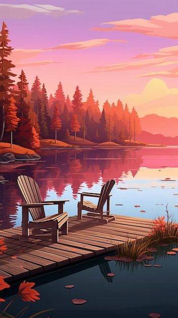 Photo a digital illustration of a lake w... | Premium Photo #Freepik #photo #environment #family #event #scene Lake House Illustration, Lake Illustration, Environment References, Scene Composition, Wood Illustration, Lake Dock, Blue Canvas Art, Full Sail, Mountain Background