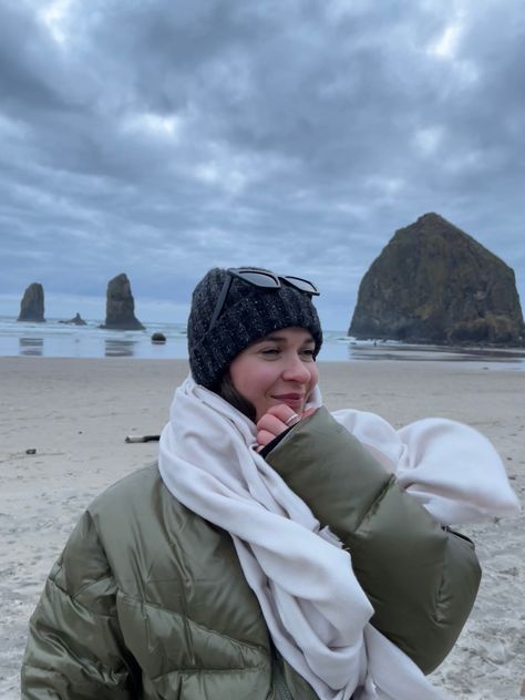 Ootd, green puffer coat, tan scarf, ZARA, NIKE, gray knit hat, The North Face, cat eye sunglasses, Haystack Rock Beach In The Winter Outfit, Oregon Coast Winter, Oregon Outfits Winter, Oregon Winter Outfits, Winter Beach Outfit Cold, Cold Beach Day Outfit Winter, Oregon Coast Outfit, Camping Outfits Winter, Beach Camping Outfits