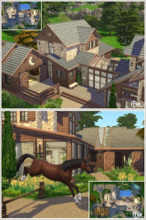 Medium Sims 4 House, Sims Barn House, Sims 4 Modern Ranch House, Sims 4 Horse Ranch Layout, Sims 4 Ranch House Plans, Houses With Horses, Sims4 Ranch Cc, Sims Country House, Sims 4 Builds Floor Plans