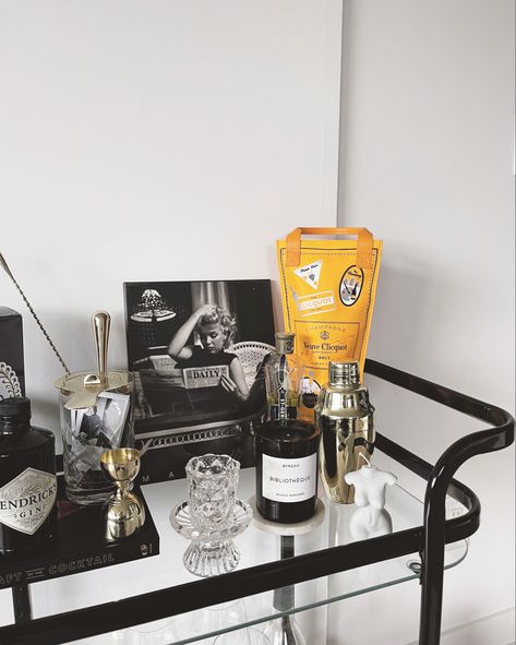 Black Bar Cart Decor, Bar Cart Aesthetic Modern, Black And Gold House Aesthetic, Black Bar Cart Styling, Men’s Bar Cart Ideas, Black Bar Cart Aesthetic, Black And White Bar Cart, Glam Bar Cart Target, Black Apartment Aesthetic