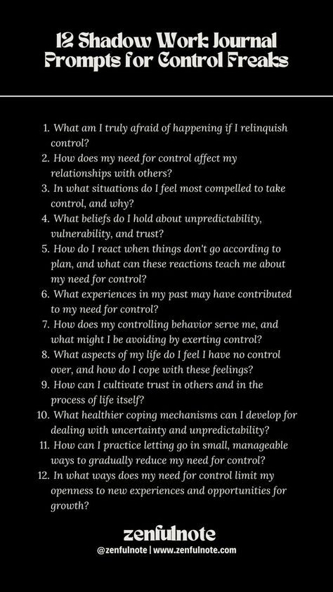 For individuals who find themselves frequently needing to control situations, outcomes, or even other people, shadow work can be an insightful process to understand the root causes of this need and to develop healthier ways of relating to the world and others. For those struggling with control issues, engaging with these questions can be a challenging yet rewarding process, leading to greater self-awareness, emotional healing, and healthier relationships. Shadow Work Couples, Emotional Eating Shadow Work, Shadow Work Prompts For Relationships, Relationship Shadow Work, Shadow Journal, Work Journal Prompts, Shadow Work Journal Prompts, Controlling Relationships, 30 Day Writing Challenge