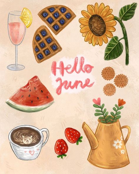 •Narumie illustrations•’s Instagram profile post: “🍉•Hello June•🌻 Hi guys❤️ I draw some things, which reminds me of June. Sweet watermelon, sunflowers, summer party, etc..🌞 I’m curious…” Hello June Illustration, June Astethic, August Illustration, Summer Plates, June Illustration, June Aesthetic, June Wallpaper, Welcome Pictures, Hello June