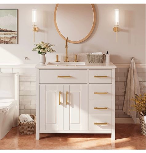 White And Beige Bathroom, 36 Inch Bathroom Vanity, Countertop Backsplash, 36 Bathroom Vanity, Bathroom Vanity With Sink, Bathroom Plans, Vanity With Sink, Integrated Sink, Marble Vanity Tops