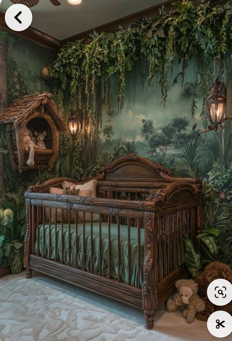 Rain Forest Nursery, Magical Forest Nursery Theme, Girly Jungle Theme Nursery, Jungle Room Theme, Rainforest Themed Nursery, Indiana Jones Nursery, Whimsical Nature Themed Nursery, Hobbit Nursery Lord Of The Rings, Accent Walls For Nursery