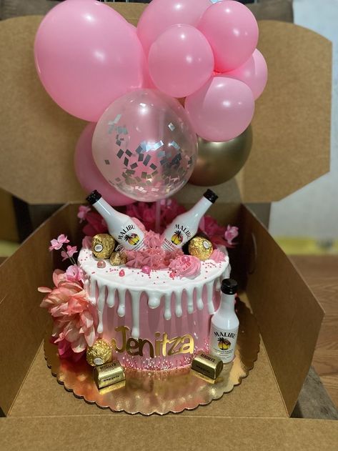 21sr Birthday Cakes For Her, 21st Birthday Cake With Alcohol Bottles, Malibu Cake Ideas, Malibu Birthday Cake, Cake With Alcohol Bottles On Top, Birthday Inpos, 21st Birthday Cake Ideas For Her, Malibu Cake, 21 Birthday Cake Ideas For Her