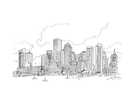 Boston Skyline Boston Skyline Drawing, Boston Sketch, Boston Drawing, City Outline, Skyline Drawing, Boston Art, Boston Skyline, Pen Illustration, Sketch Journal