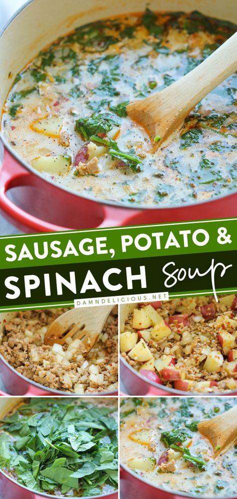 SAUSAGE, POTATO AND SPINACH SOUP,  comfort food recipes, simple dinner recipes Potato And Spinach Soup, Sausage Potato, Comforting Soup, Sausage Potatoes, Spinach Soup, Comfort Soup, Soup And Stew, Think Food, Soup And Sandwich