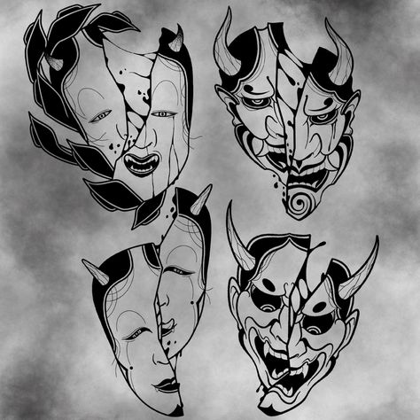 Noh Mask Tattoo, Tato Simple, Theater Mask Tattoo, Traditional Tattoo Dragon, Coffee Sketch, Mascara Oni, Oni Samurai, Oni Tattoo, Brown Hairstyles