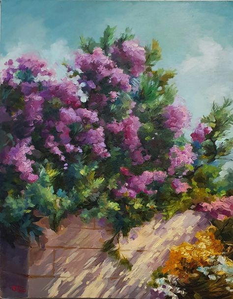 In the spring in Australia, there is a very abundant flowering, every bush, every tree, every plant that does not even have leaves yet, but is already blooming.  It is a great pleasure to watch the crazy spring bloom. Lilac Bush Painting, Flower Bushes Painting, Flower Bush Drawing, Flower Bush Painting, Bush Painting, Childhood Painting, Bush Drawing, Bee Artwork, Flower Bush