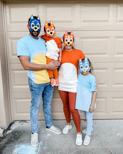 Diy Bingo And Bluey Costume, Bingo Bluey Costume, Blippi Halloween Costume Family, Easy Diy Bluey Costume, Blue And Bingo Costume, Bluey Family Costume Ideas, Bingo Halloween Costumes, Bluey Group Costume, Diy Bluey And Bingo Costumes