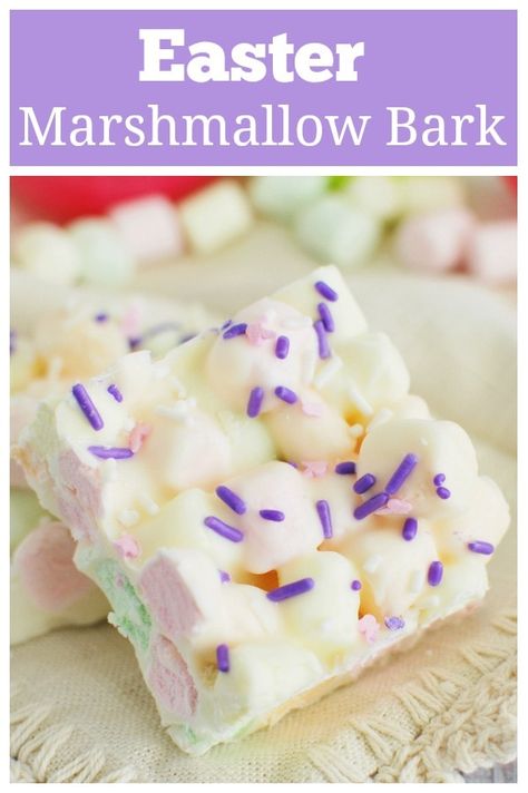 Easter Marshmallow Bark - the cutest Easter treat! Pastel marshmallows coated in white chocolate and topped with sprinkles. No bake and takes about 10 minutes to make! Pastel Marshmallows, Marshmallow Bark, Easter Bark Recipe, Easter Bark, Desserts Easter, Bark Candy, Easter Deserts, Fake Ginger, Easter Cooking