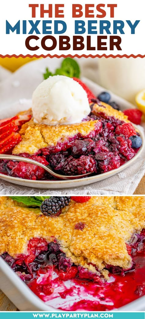 Triple Berry Cobbler, Berry Cobbler Recipe, Fruit Cobbler Recipe, Mixed Berry Cobbler, Berry Cobbler Recipes, Cobbler Recipes Easy, Cobbler Topping, Warm Desserts, Berry Cobbler