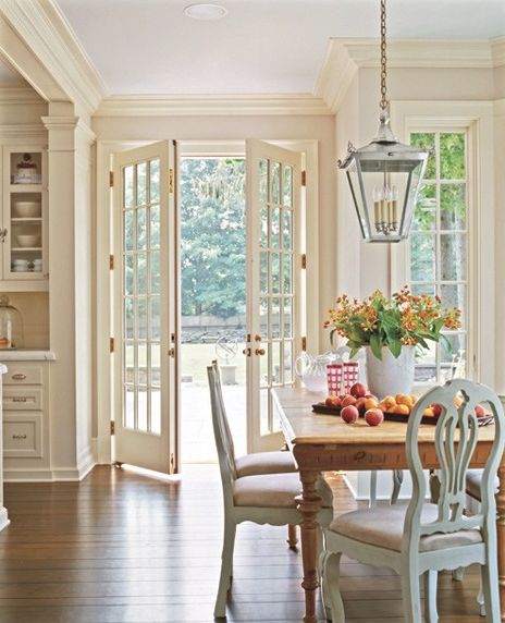 French doors off dining room. Cool chairs. Painting Old Furniture, Dining Room Inspiration, Farmhouse Dining Room, Farmhouse Dining, Breakfast Room, Banquette, Room Table, Home Fashion, Dream Kitchen