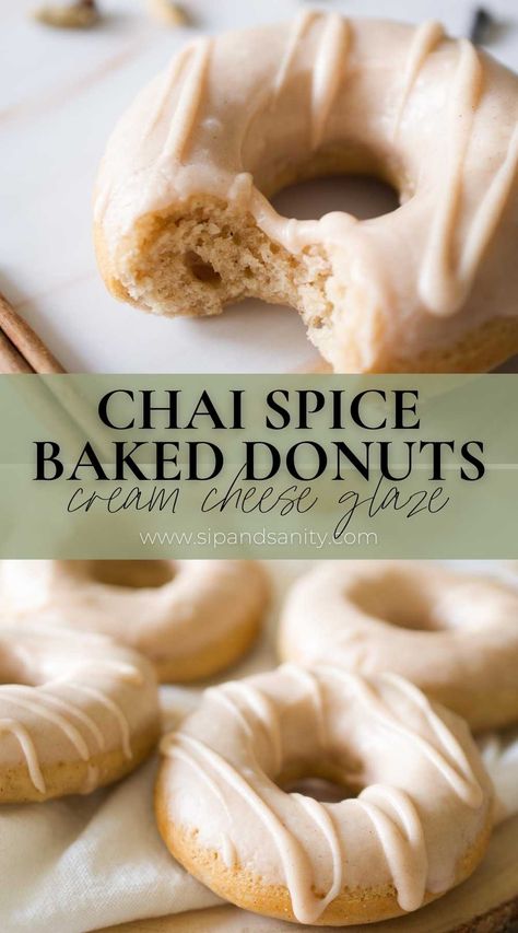 Chai Spice Baked Donuts are perfect for autumn! Full of warm spices and topped with cream cheese glaze, you get a delightfully sweet and cozy feeling with each bite. If you want an instant hit of autumn, these chai spice baked donuts do they job! Shot through with an array of spices, they’ll fill your house with amazing aromas as they bake. But, to take it over the top, grab a hot cup of chai or coffee and dunk that donut! The mix of flavors is incredibly comforting and delicious! Baked Doughnut Recipes, Donut Calories, Donut Flavors, Donut Toppings, Baked Doughnuts, Baked Donut Recipes, Fall Baking Recipes, Pumpkin Tea, Spice Muffins