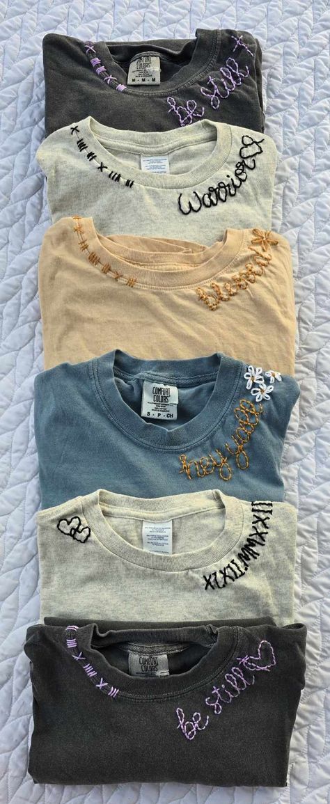 The perfect T-shirt for when you want to feel comfy, but still look cute.

All items are made to order. Each one is unique to you. No two shirts are the same. The featured Tee is single stitched hand embroidered. I can also do a chainstitch instead, if preferred.

Choose your color and size. Message me if you have any special requests for thread color. (Lots of other colors are available) Embroidered Shirts, Merch Ideas, Embroidered Tshirt, Chain Stitch, Embroidered Shirt, Personalized T Shirts, Hand Embroidered, Thread, Etsy Shop