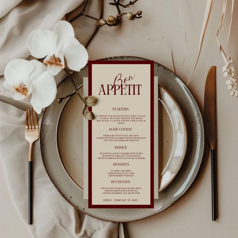 ✨ The Night Before" Rehearsal Dinner Menu| 5x7" and 4x9" Elegant & Bold Template ✨ The Night Before | Rehearsal Dinner Menu Elevate your rehearsal dinner with timeless elegance and a touch of old-world sophistication. This bold red and cream menu embodies the essence of old money charm, setting the perfect tone for an intimate evening before the big day. Crafted for luxury and refinement, this menu is available in 5x7" and 4x9" sizes, making it ideal for a grand tablescape or an understated, classic presentation. ✨ Features: Old money-inspired design with rich red and cream hues Available in 5x7" and 4x9" sizes for versatility Perfect for a rehearsal dinner, welcome dinner, or elegant soirée Fully customizable with your menu selections Instant download for effortless printing at home or wi