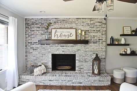 Grey Brick Wall Living Room, Gray Brick Fireplace, Pellet Stove Ideas Living Rooms, White Wash Fireplace, White Wash Brick Fireplace, Brick Wall Living Room, Brick Living Room, Living Room Hacks, Brick Fireplace Makeover