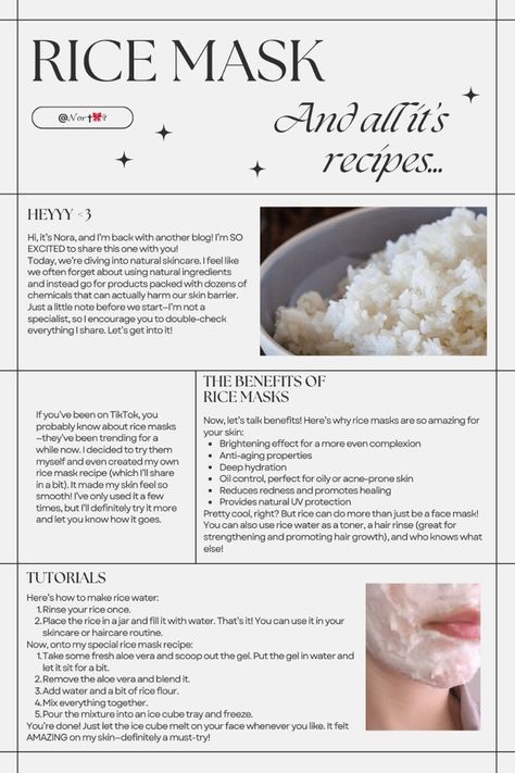 #affiliate DIY Rice Mask for Glowing Skin | Natural Skincare in 2024 | Glowing skin mask, Natural skin care, Rice mask Diy Glowing Skin Mask, How To Make Rice Face Mask At Home, Home Made Face Masks For Acne, At Home Face Mask For Glowing Skin, Diy Face Masks For Clear Skin, At Home Face Mask For Acne, Rice Mask For Face Recipe, Diy Rice Face Mask, Diy Face Mask For Clear Skin