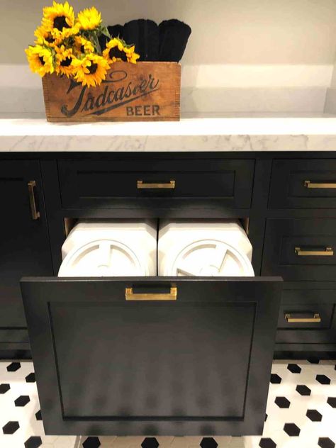 dog food bin storage Dog Food Cabinet, Small Pantry Closet, Dog Cabinet, Clever Storage Ideas, White Hexagon Tiles, Food Storage Cabinet, Cindy Hattersley, Dog Storage, Stylish Laundry Room