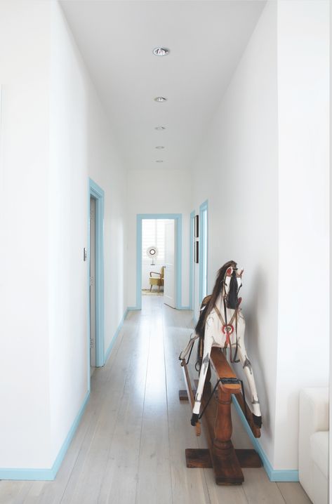 Painted Moulding Ideas, Painted Door Frames And Skirting Boards, Coloured Skirting Boards Door Frames, Door Frame Paint, Painted Doors Hallway, Painted Door Frames, Coloured Skirting Boards, Brighton Apartment, Being More Productive