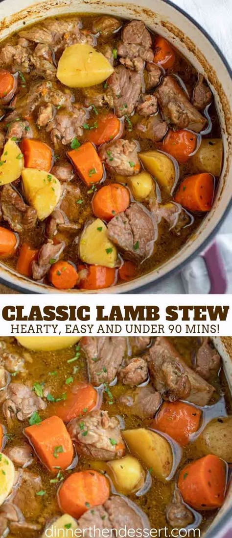 Lamb Stew is hearty and comforting, made with carrots, potatoes, and lamb in a seasoned broth, started on the stovetop and finished in the oven in under 90 minutes! #irish #stpatricks #recipes #hearty #soup #chowder #stew #lamb #dinnerthendessert Lamb Recipes Crockpot, Lamb Casserole Recipes, Cabbage Soup Crockpot, Irish Lamb Stew, Lamb Casserole, Stew Dinner, Lamb Stew Recipes, Lamb Dinner, Dinner Then Dessert