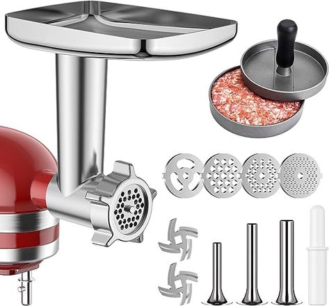 Food grinder: grinding meat, fruits, vegetable, hard cheeses, make bread crumbs and more, grinding 4 pounds of meat in just 1 minute. Filler Attachment : equip with 3 sausage stuffing tubes(0.47inch, 0.75inch, 1.25inch). Multifunctional attachment has sharper blades and excellent performance. Has 4 stainless steel size grinding trays, 3 larger sausage stuffer tubes, 2 grinding blades and a sausage stuffer rack, a larger removable food tray, food pusher and cleaning brush. Kitchenaid Meat Grinder, How To Make Breadcrumbs, Best Stand Mixer, Sausage Stuffing, Stand Mixers, Premium Meat, Kitchenaid Stand Mixer, Homemade Sausage, Food Tray