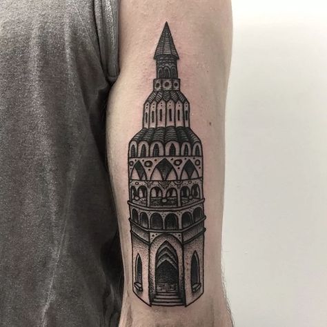 Building Tattoo, Tattoos And Meanings, Facial Tattoos, Tower Of Babel, R Tattoo, Tattoo Project, Sleeves Ideas, Mickey Head, Piercing Tattoo