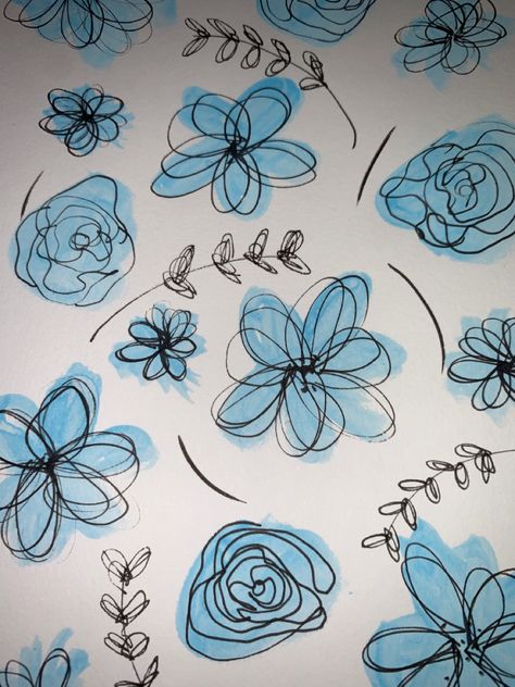 #blue #flower #aesthetic #watercolor #ink #doodle #messy #drawing Aesthetic Blue Flowers Drawing, Simple Blue Drawings, Easy Blue Watercolor Paintings, Messy Flowers Drawing, Messy Flower Tattoo, Flower Aesthetic Doodle, Blue Paper Drawing, Blue Flowers Aesthetic Painting, Drawing Blue Flowers