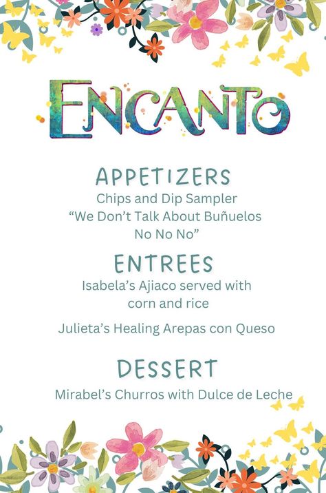 Encanto dinner and a movie. Encanto dinner. Encanto movie night. Encanto menu. Ajiaco soup. Arepas con queso. Colombian bunuelos. Jalapeno lime punch. Family movie night. Homeschool country study. Colombia study Encanto Recipes, Encanto Movie Night Food, Encanto Movie Night, Encanto Dinner, Disney Dinner And Movie Night Coco, Encanto Food, Encanto Dinner And A Movie, Ajiaco Soup, Madrigal Dinner