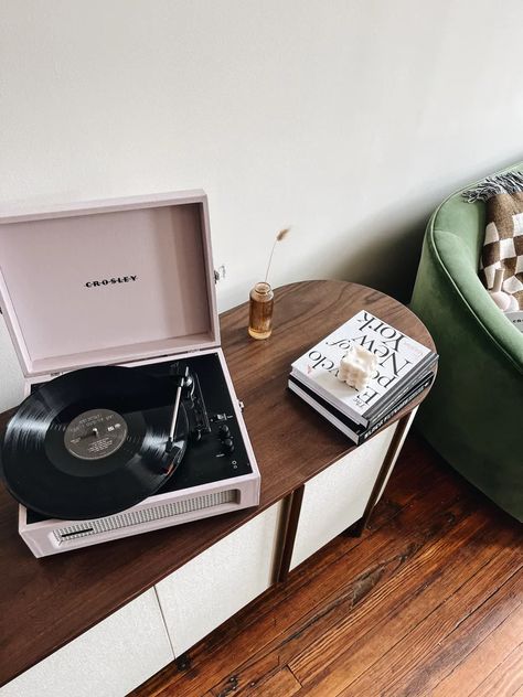 Crosley Voyager Turntable Review Aesthetic Turntable, Xmas Moodboard, Record Player Decor, Crosley Voyager, Crosley Record Player, Victrola Record Player, Sideboard Styling, Red Crosley Record Player, Sideboard Styles