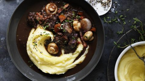 Neil Perry's beef bourguignonne Beef Shin Recipes, Beef Shank Stew, Beef Shin, Beef Shank, Slow Cooked Beef, Braised Beef, Portobello, Polenta, Couscous