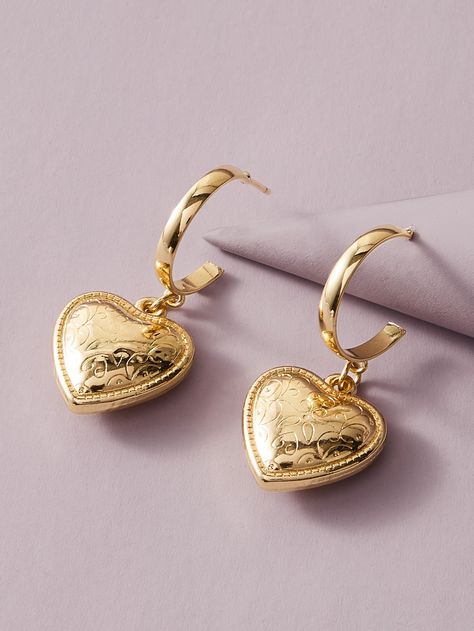 Jewelry Shein, Heart Shape Earrings, Cuff Ring, Gold Rings Fashion, Jewelry Accessories Ideas, Ear Cuff Earings, Heart Shaped Earrings, Heart Drop Earrings, Cuff Rings