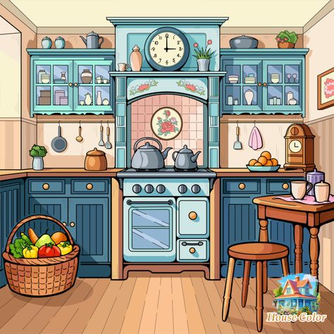 Share my art at Color Day! Inside House Illustration, Kitchen Cartoon, Inside Kitchen, Color Day, Inside House, Retro Pictures, Interior Illustration, House Illustration, Empty Room