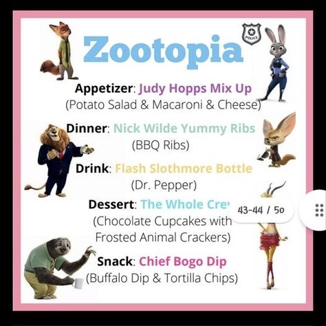 Zootopia Dinner Ideas, Zootopia Food Ideas, Zootopia Dinner And A Movie, Disney Dinner And Movie Night Recipes, Kids Movie Themed Dinner, Disney Movie Night Dinner Recipes, Disney Movie Themed Food, Disney Nights, Disney Movie Themed Dinner