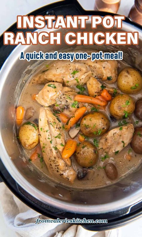 Instant Pot Ranch Chicken with tender potatoes, carrots, and mushrooms in a creamy Ranch gravy. This easy one-pot meal requires just 5 minutes of prep and is ready to serve in about 40 minutes. Instapot Chicken Carrots And Potatoes, Easy Chicken Meals Instant Pot, Instapot Chicken Recipes Healthy Easy, Chicken Potato Carrot Instant Pot, Chicken Pot Roast Instant Pot, Instant Pot Chicken Carrots And Potatoes, Pressure Cooker Chicken And Vegetables, Instapot Chicken Potatoes Carrots, Chicken And Carrots Instant Pot