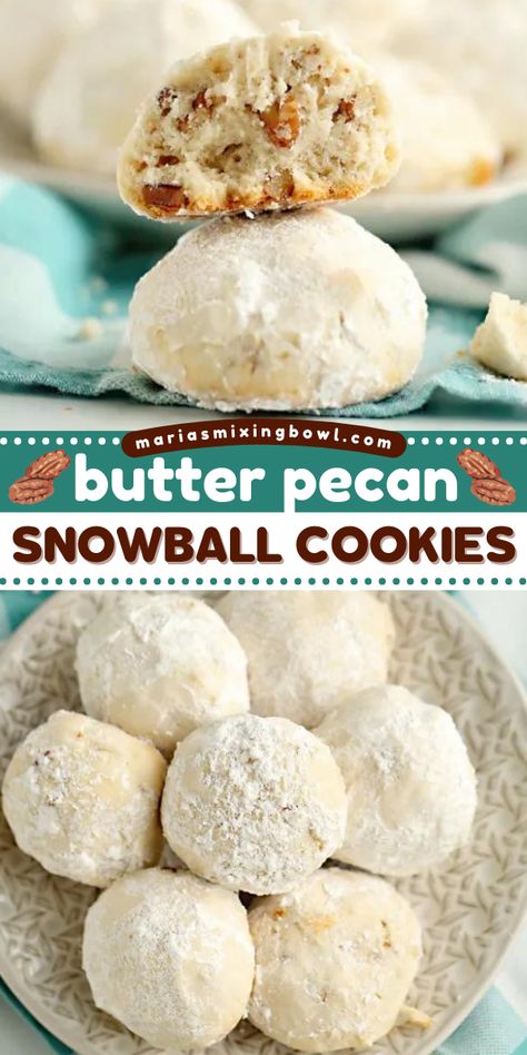 One of the best Christmas cookies ever! You can't go wrong with these buttery pecan snowballs that are melt-in-your-mouth amazing. Save this butter pecan snowball cookie recipe and enjoy some easy holiday baking! Easy Delicious Cookies, Pecan Snowballs, Pecan Snowball Cookies, Pecan Shortbread Cookies, Snowball Cookie Recipe, Holiday Baking List, Baking List, Russian Tea, Snowball Cookies