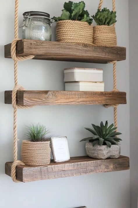 "Add rustic charm and functionality to your space with DIY Rope Shelves! 🛠️🪢 Perfect for creating unique, handmade storage solutions. 🌟✨ #RopeShelves #DIYProjects #RusticDecor" Rope Shelves, Small Space Solutions, Hanging Shelves, Rustic Charm, Rustic Decor, Storage Solutions, Small Spaces, Diy Projects, Shelves