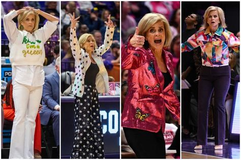 Coach Outfits Sports Women, Kim Mulkey Outfits, Coaching Outfits Basketball, Basketball Coach Outfit Women, Kim Mulkey, Flashy Outfits, Glitter Blazer, Style Themes, Coach Outfits