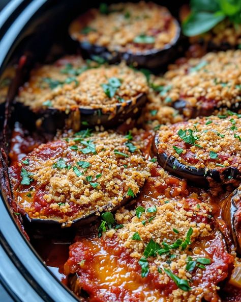 This is my hubby's favorite! Made it tonight and he was very a very happy man Eggplant Parmigiana Recipe, Slow Cooker Eggplant, Parmigiana Recipe, Slow Cooker Kitchen, Eggplant Parmigiana, Eggplant Parm, Slow Cooker Pasta, Fussy Eaters, Eggplant Parmesan