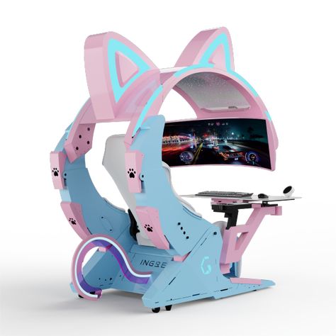 Ingrem Gaming Workstation Ingrem Gaming Chair, Kawaii Electronics, Gaming Workstation, Decora Aesthetic, Fancy Keyboard, Cute Computer, Mirror Unit, Computer Gaming Room, Video Game Room Design