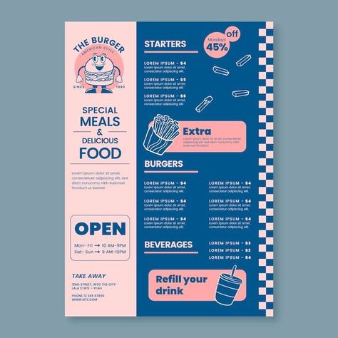 90s Menu Design, Cartoon Menu Design, Retro Menu Design Layout, Food Menus Designs, Illustration Menu Design, Deli Menu Design, Food Menu Graphic Design, Canva Retro Template, Menu Designs Ideas