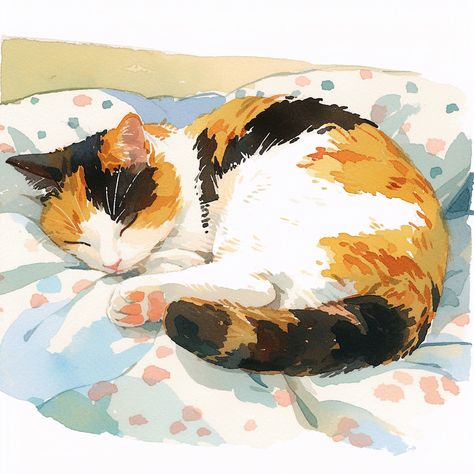 Kitty Sleeping Drawing, Back Cat Drawing, Calico Cat Sketch, Cat Art Digital, Sleep Cat Drawing, Calico Illustration, Watercolor Cat Tutorial, Calico Cat Illustration, Calico Cat Aesthetic