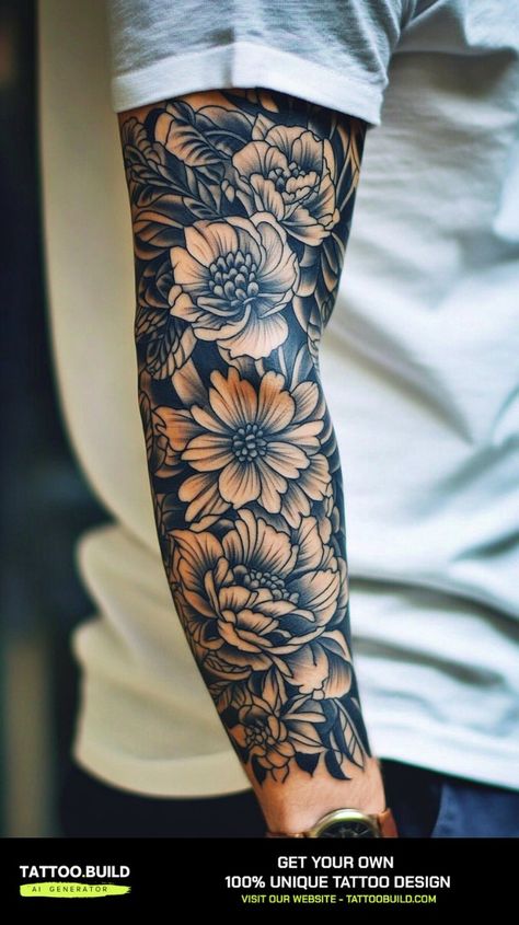 Men’s lower arm sleeve tattoos have become an increasingly popular choice for self-expression and artistry. Full Sleeve Flower Tattoo For Men, Lower Hand Tattoo, Japanese Flower Tattoo Design For Men, Flowers Tattoo Designs For Men, Men's Tattoo Arm Sleeve, Floral Men’s Sleeve Tattoo, Hand Tattoos For Men Ideas Design, Men Flower Tattoo Sleeve, Mandala Tattoo Sleeve For Men